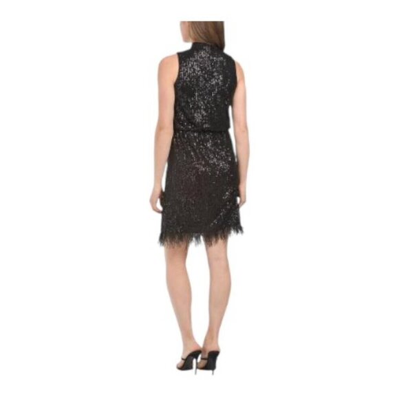 Nanette Lepore Womens Black High Neck Feather Trim Sequined Dress Sz 12 New - Picture 2 of 9